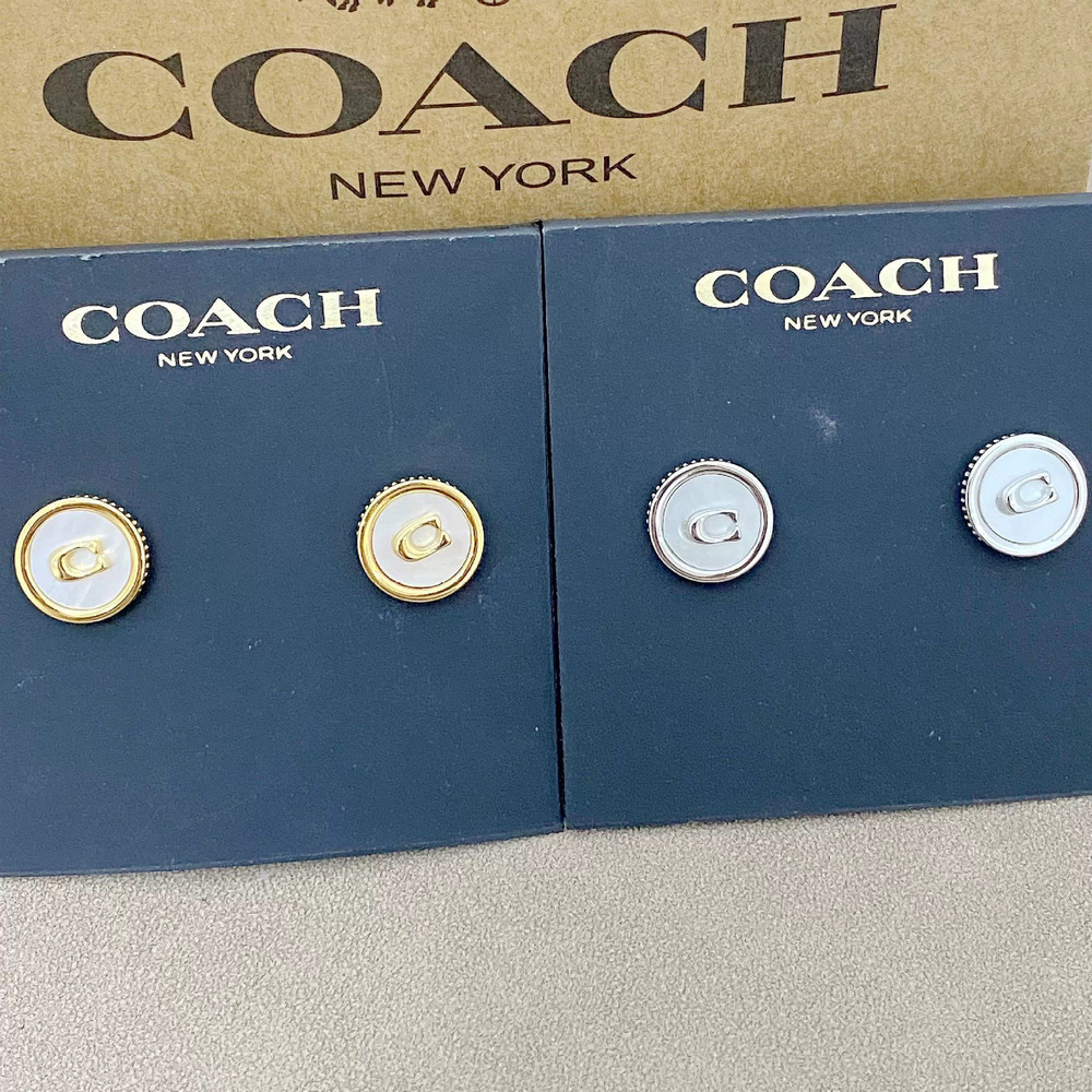 Coach Fine Inlaid Letter Round Geometric Metal Stud Earrings